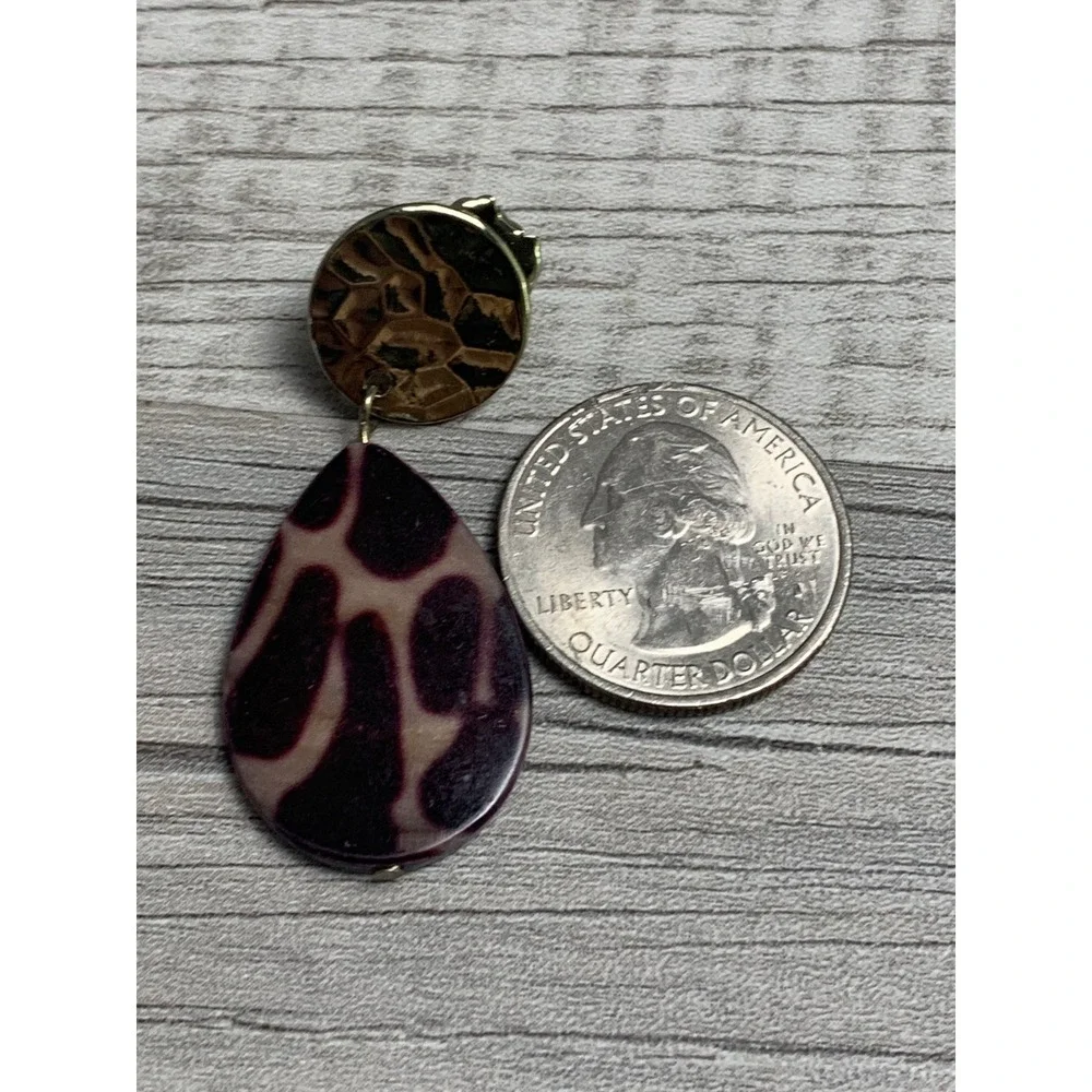 Gold Tone Hammered Disc Burgundy Animal Print Teardrop Dangle Earrings Womens